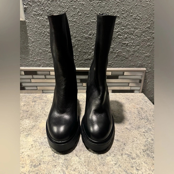 Annabella Black Leather Mid Calf Chunky Y2K Boots Size 7.5/38 - Picture 3 of 7